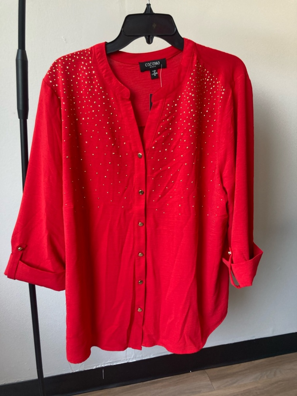 Cocomo button down shirt red with gold metallic embellishments 2X - Picture 13 of 17